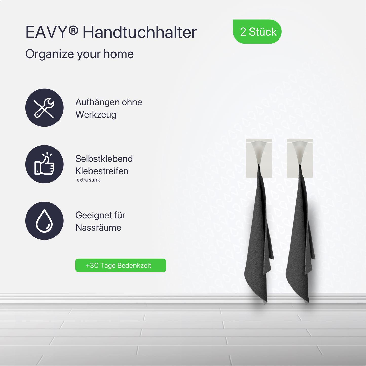 Set mit 2 selbstklebenden Handtuchhaken - Weiß - Edelstahl (RVS)
