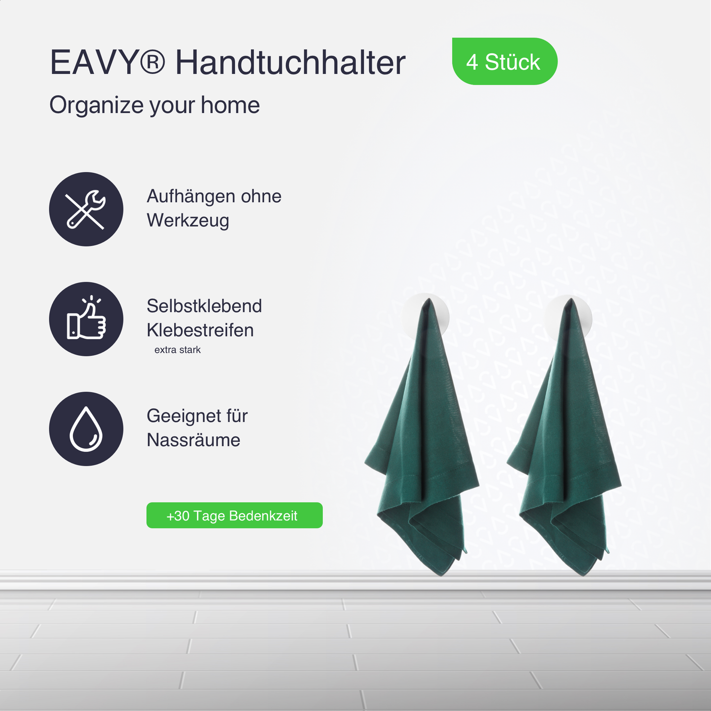 Set mit 4 Selbstklebende Handtuchhaltern - Edelstahl (RVS) - Weiß