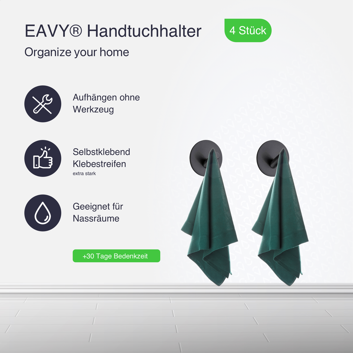 Set mit 4 Selbstklebende Handtuchhaltern - Edelstahl (RVS) - Schwarz