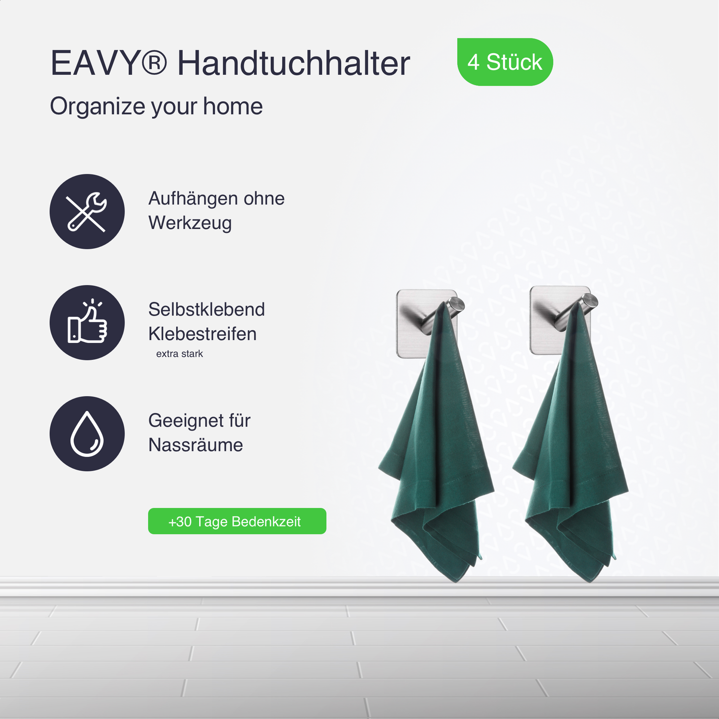 Set mit 4 Selbstklebende Handtuchhaltern - Edelstahl (RVS) - Silber