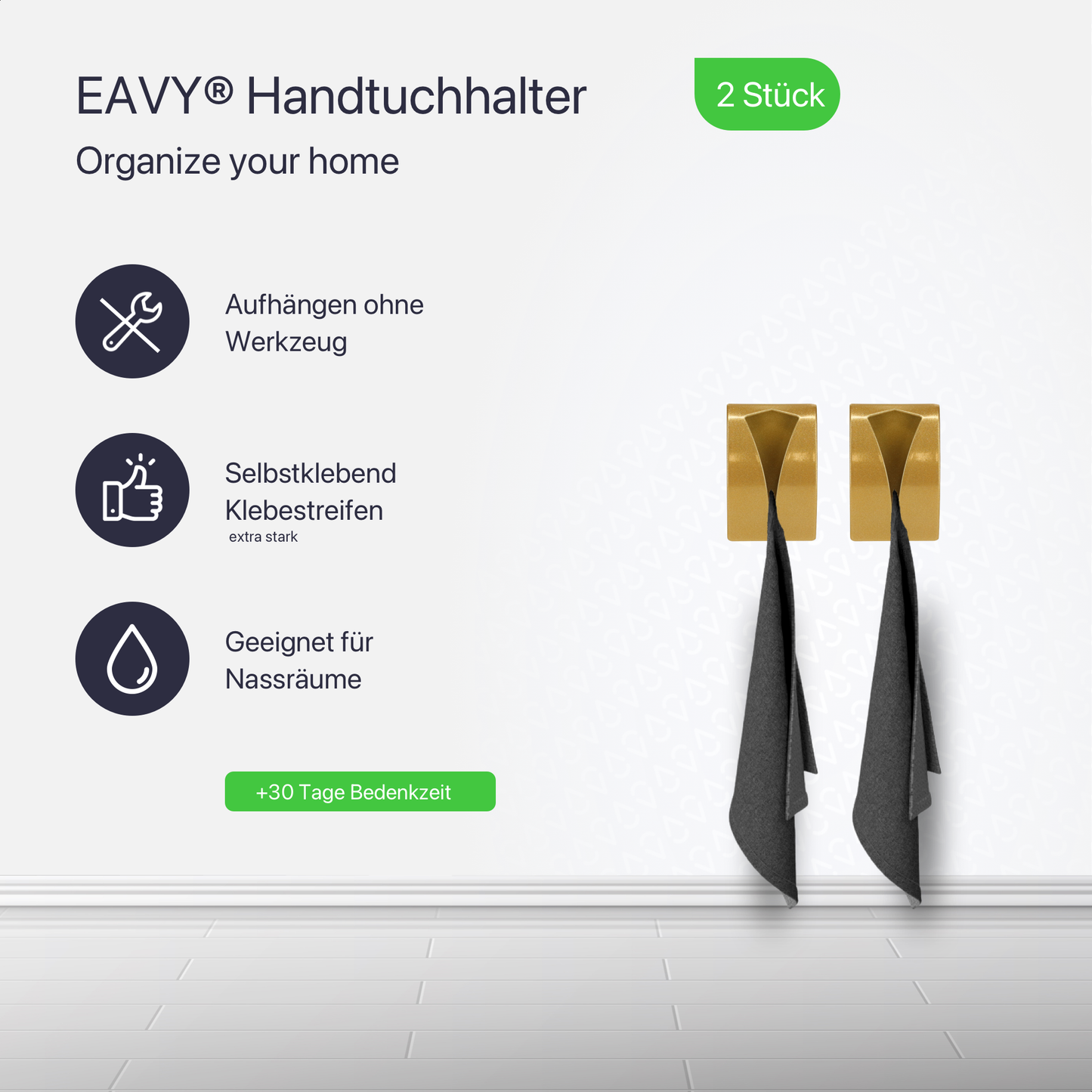 Set mit 2 selbstklebenden Handtuchhaken - Gold - Edelstahl (RVS)