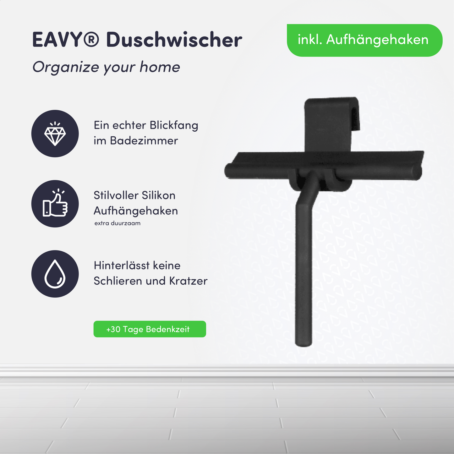 Luxus Duschabzieher mit Aufhänghaken - Silikon – Schwarz
