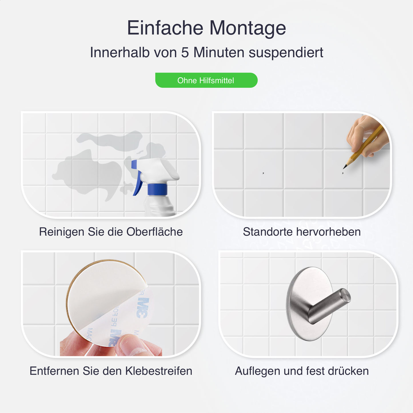 Set mit 4 Selbstklebende Handtuchhaltern - Edelstahl (RVS) - Silber