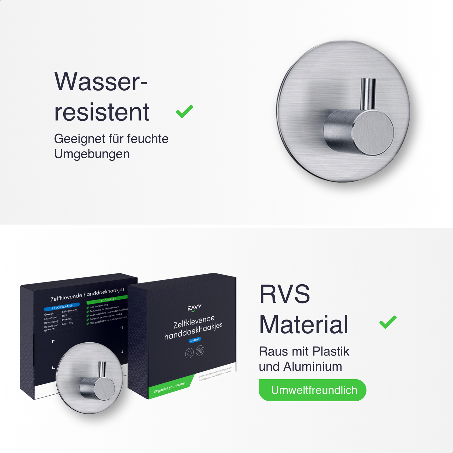 Set mit 4 Selbstklebende Handtuchhaltern - Edelstahl (RVS) - Silber