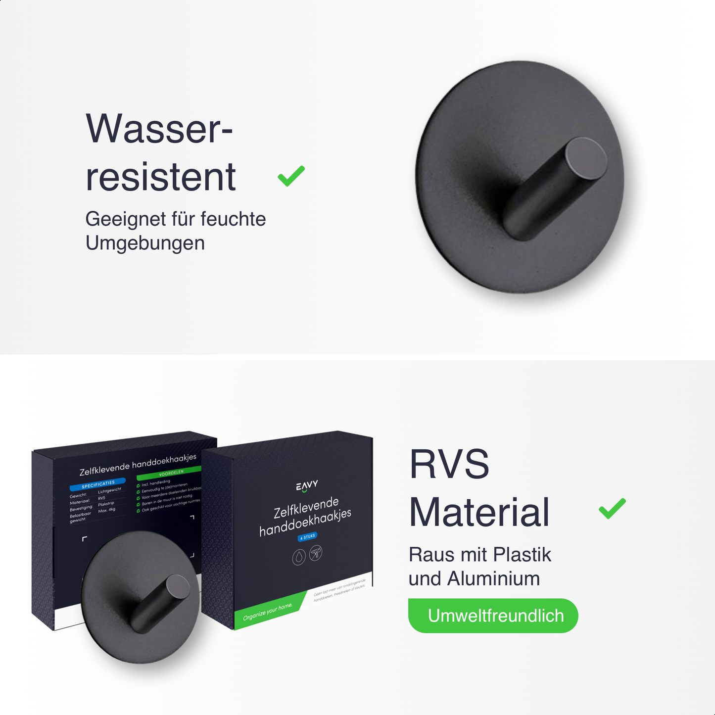 Set mit 4 Selbstklebende Handtuchhaltern - Edelstahl (RVS) - Schwarz