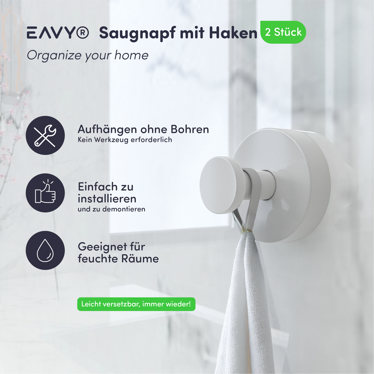 Set mit 2 EAVY Saughaken - Handtuchhaken - Weiß - Edelstahl