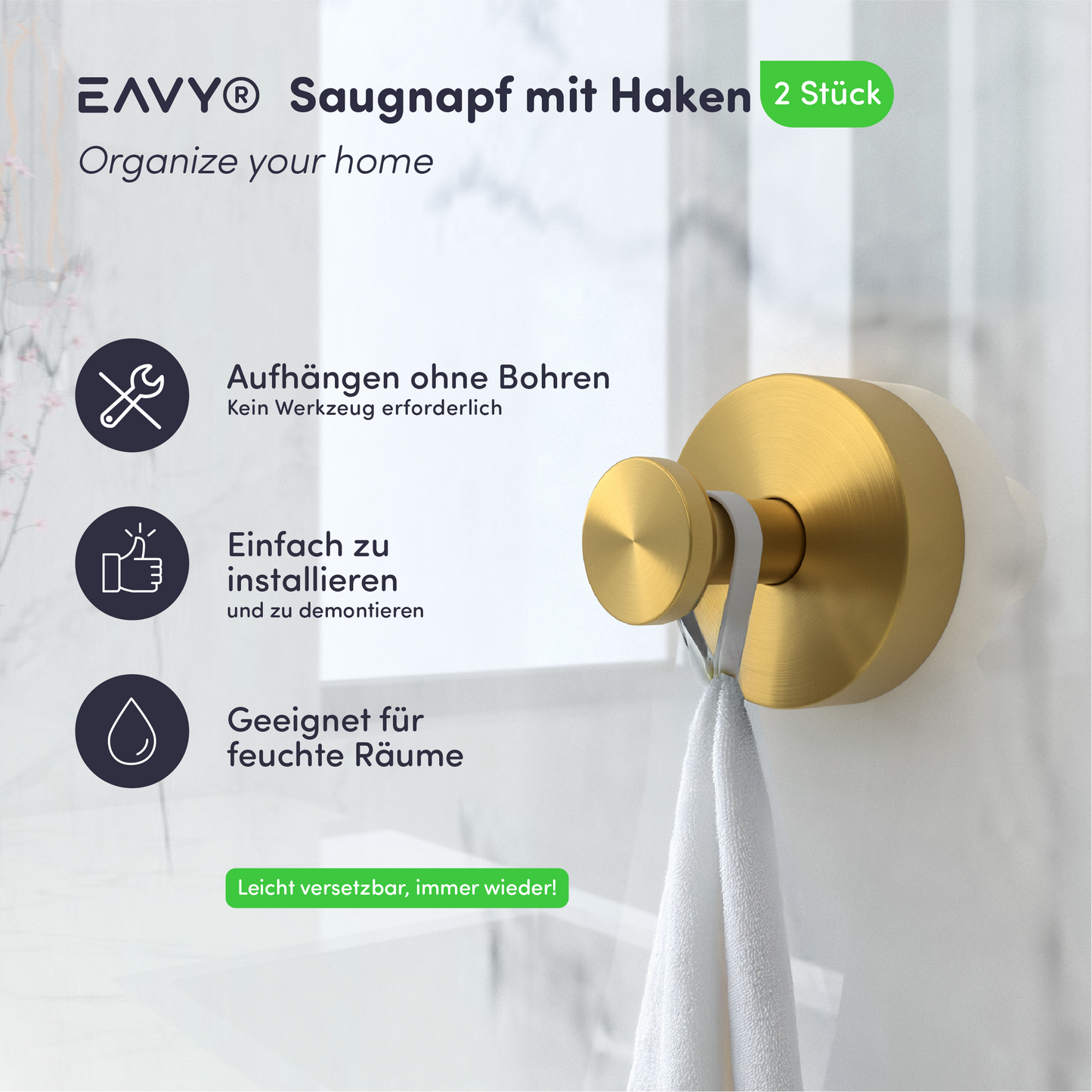 Set mit 2 EAVY Saughaken - Handtuchhaken - Gold - Edelstahl