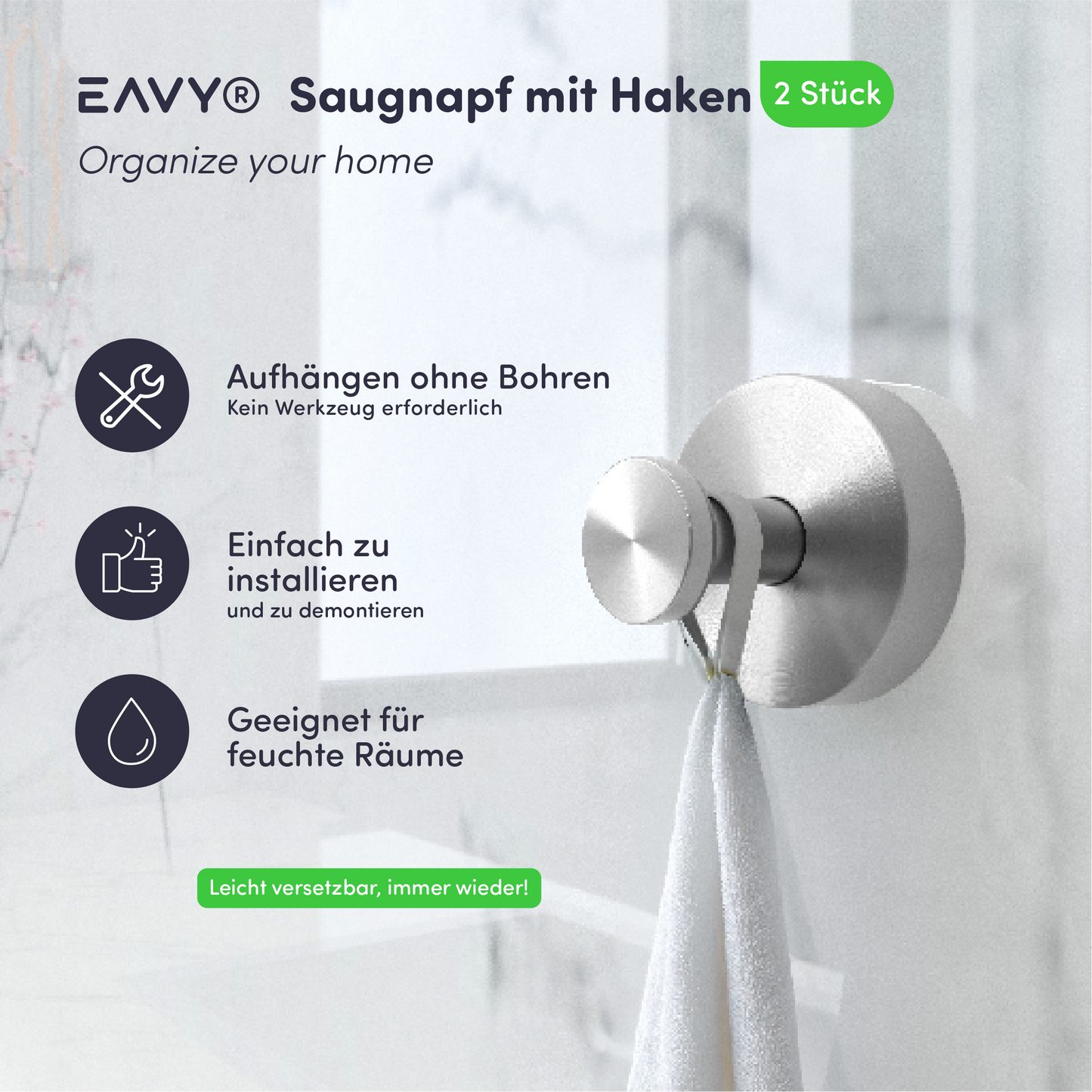 Set mit 2 EAVY Saughaken - Handtuchhaken - Silber - Edelstahl