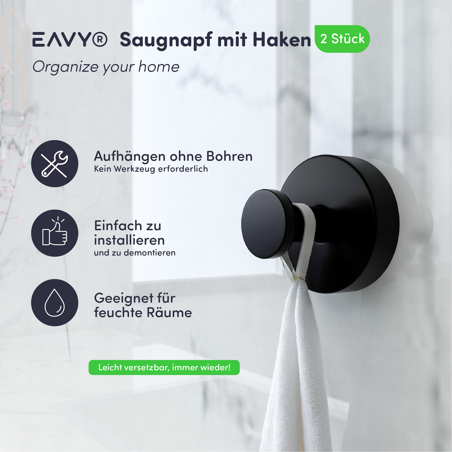 Set mit 2 EAVY Saughaken - Handtuchhaken - Schwarz - Edelstahl