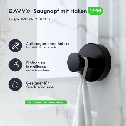 Set mit 2 EAVY Saughaken - Handtuchhaken - Schwarz - Edelstahl